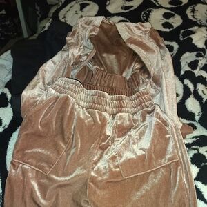 Haute Monde Velvet Crop Jacket And Jogging Pantsuit Ensemble in Rich Brown